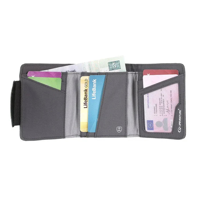 Lifeventure Tri-Fold RFiD Wallet in grey colour opened out and filled with cards  and notes