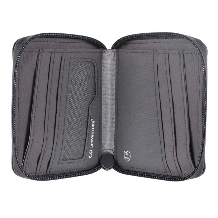 Inner card slot and note pocket detail of a Lifeventure RfiD Bi-Fold wallet in grey colour when opened out
