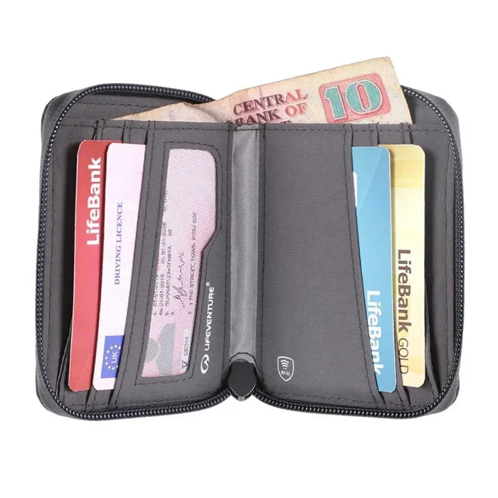 Lifeventure RfiD Bi-Fold wallet in grey colour opened out to show the slots filled with cards and the note pocket with cash