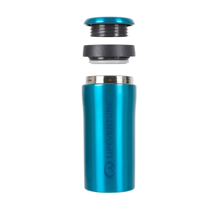 Lifeventure Stainless Steel Thermal Mugs Gloss 300ml blue front detail showing the cap and expansion chamber unscrewed on a white background