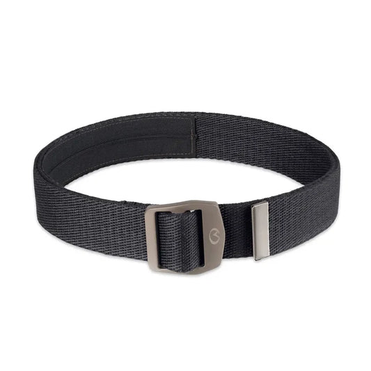 Lifeventure travel money belt in black shoing the webbing and buckle detail