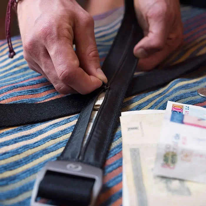 Lifestyle image of a person zipping up emergency money they have stashed in their Lifeventure travel money belt