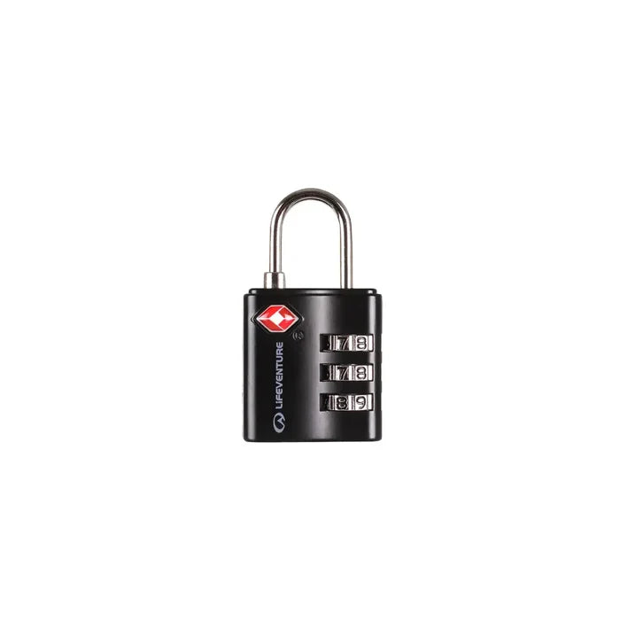 Lifeventure TSA 3 Dial Combination Padlock in black shown from the front on a white background