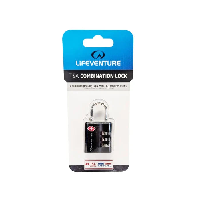 Lifeventure TSA 3 Dial Combination Padlock in black front packaging detail on a white background