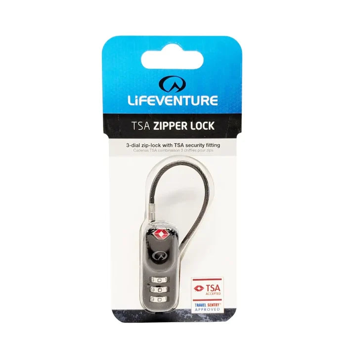 Lifeventure TSA 3 Dial Combination Zip Padlock front packaging details on a white background