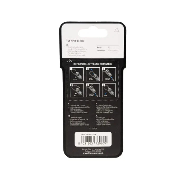 Lifeventure TSA 3 Dial Combination Zip Padlock rear packaging details on a white background