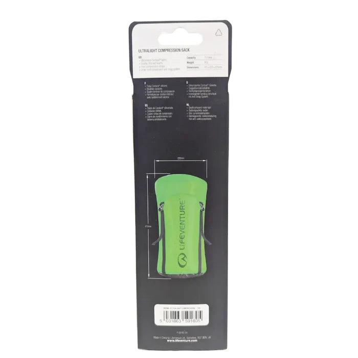 Lifeventure Ultralight Compression Sack 15 Litres in green packaging reverse on a white background