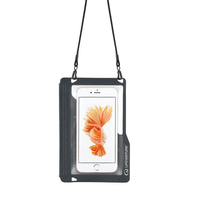 Front detail of Lifeventure Waterproof Touchscreen Phone Pouch with the lanyard attached
