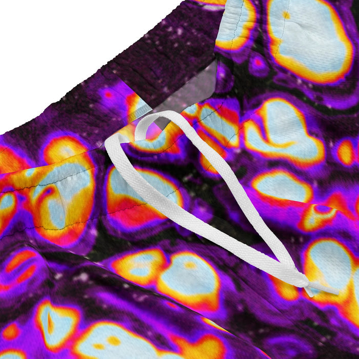 Lift Off Men's Gym Shorts - The jarring pseudo-scientific contrast where magma orange flares (#FF5500) and molten solar yellow (#FFCC00) bleed into the deep aubergine void (#2A003B), mimicking a biological heat signature or a melting celestial body
