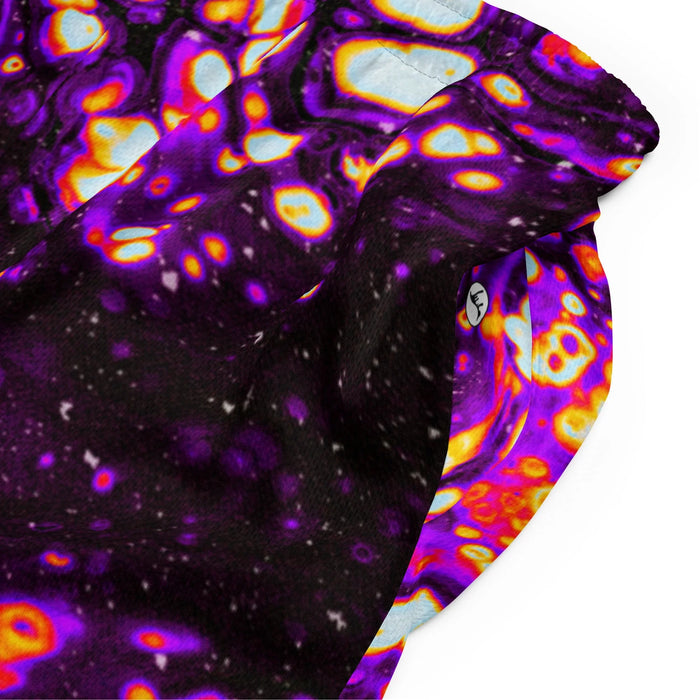 Lift Off Men's Gym Shorts in Thermal Nebula Violet. OEKO-TEX® 100, REACH Compliant, Zero-Wastewater Printing.