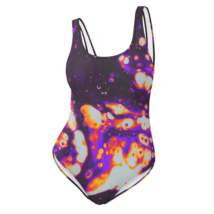 Lift Off One-Piece Swimsuit - The hyper-saturated contrast of #FF5500 Magma Flare bleeding into #8A2BE2 Plasma Arc, mimicking the visual signature of a thermal camera overload or deep space nebula
