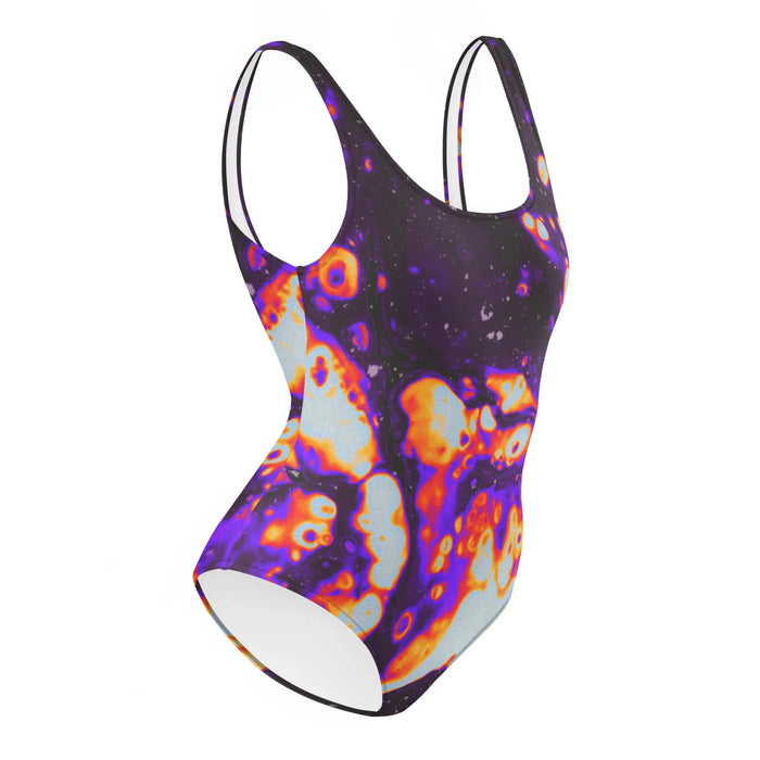 Lift Off One-Piece Swimsuit in Cosmic Thermal Void. OEKO-TEX® 100, REACH Compliant, Zero-Wastewater Printing.