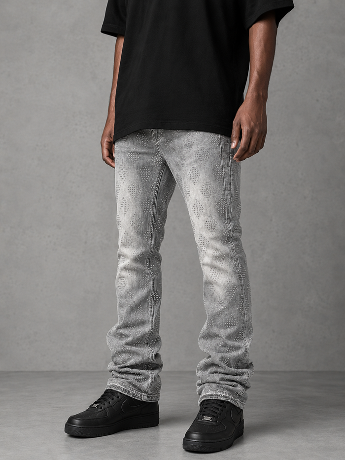 Liquid Crystal Diamond Crystal stacked rhinestone denim in smoked grey, showcasing detailed rhinestone embellishments on the denim fabric.