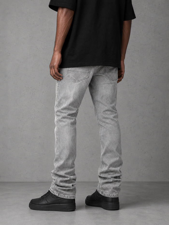 Liquid Crystal diamond crystal rhinestone stacked denim in smoked grey, showcasing stylish textured denim fabric.