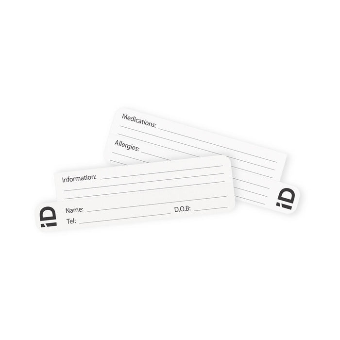 Two iD cards that come with the Clownfish wristbands so contact and medical information can be stored