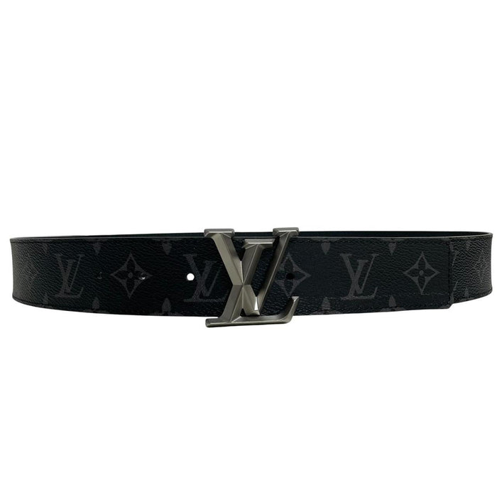 Louis Vuitton black canvas belt with LV monogram pattern and gold-tone buckle.