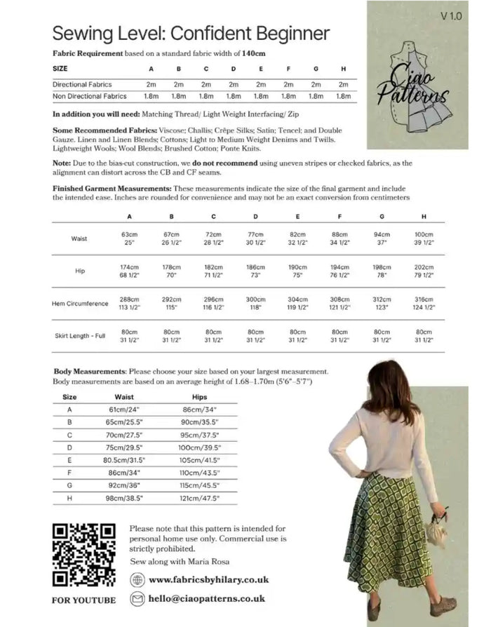 Lucia Skirt Paper Sewing Pattern, Ciao Patterns