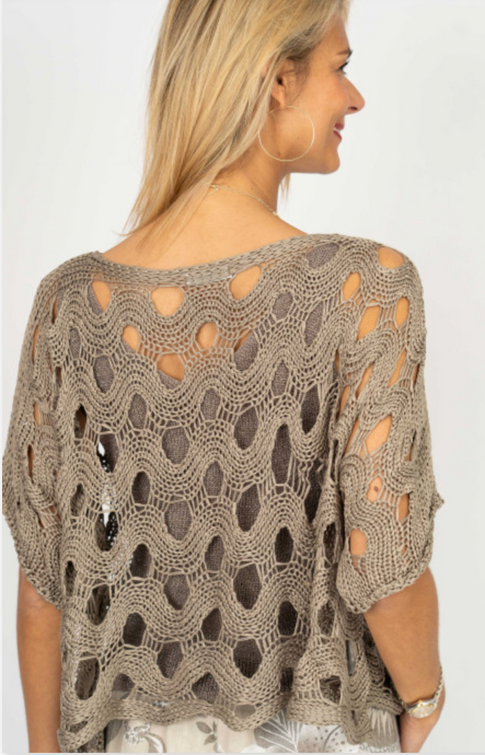 Back view of knit top In taupe