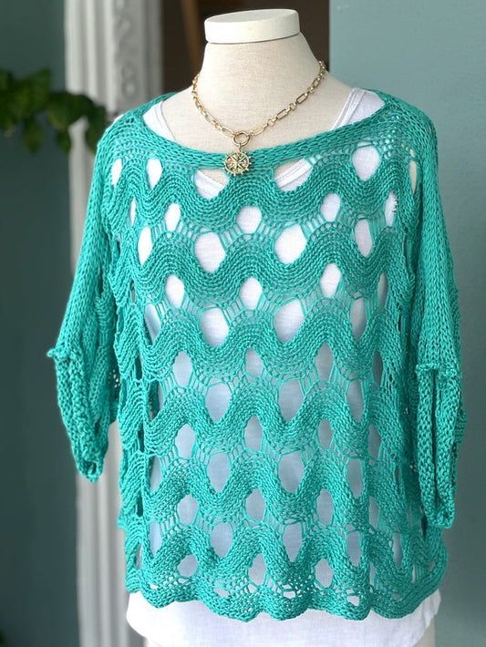 Italian loose knit open sweater in turquoise teal