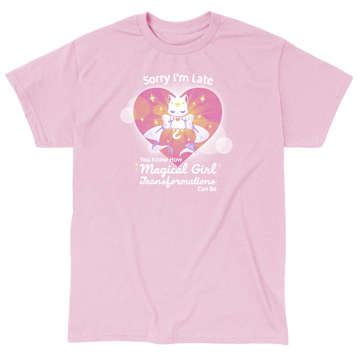 Classic Cotton T-shirt_TeeTurtle light pink Magical Girl Transformations apparel featuring a cat floating in a heart with a large bow and sparkles like classic anime girl. Captions says, "Sorry I'm late, you know how magical girl transformations can be".