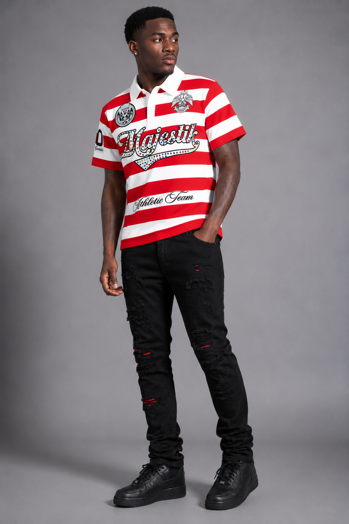 Red Majestik Athletic Team rhinestone rugby patched polo shirt featuring athletic team embroidery and stylish design.