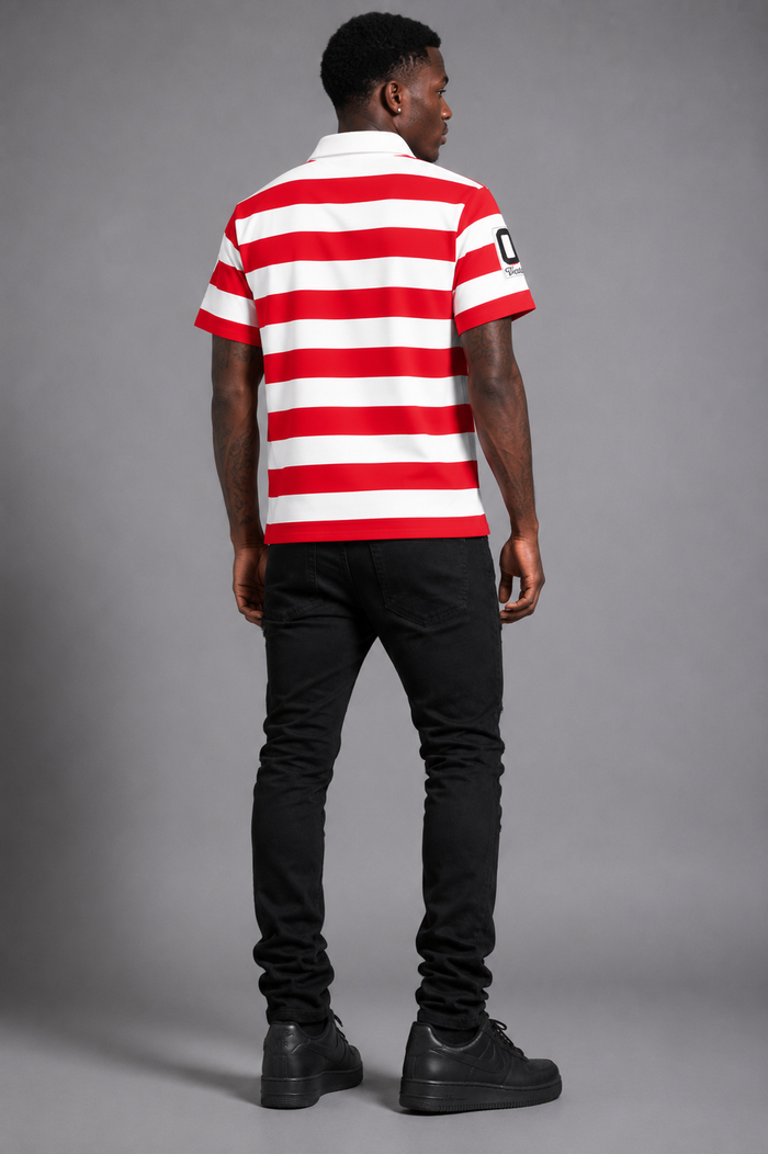 Red Majestik Athletic Team rhinestone rugby patched polo shirt, casual T-shirt with embroidered team patches and rhinestone details.