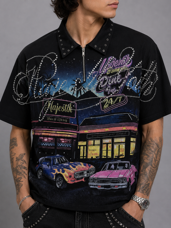 MAJESTIK Majestik Burgers Drive In cropped polo shirt, casual T-Shirt with burger graphic, black color, front view.