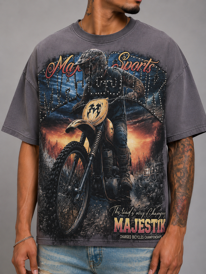 Majestik Off Road Racing Champions grey cropped T-shirt with racing graphic design, casual style for motorsport enthusiasts.