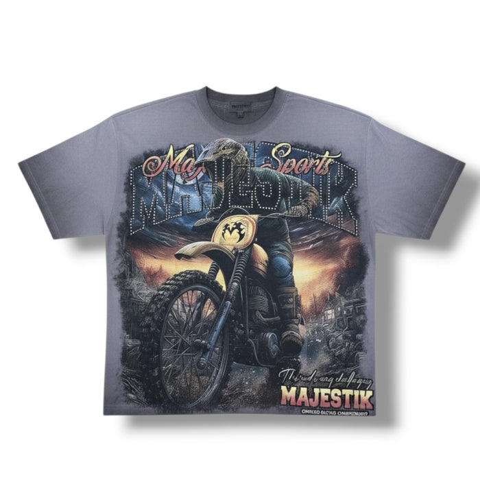 Majestik Off Road Racing Champions grey cropped T-shirt featuring racing graphics and casual fit, perfect for motorsport fans.