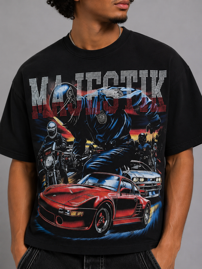 Black Majestik Speed Chase cropped T-shirt with graphic design, casual streetwear style, featuring the MAJESTIK logo.