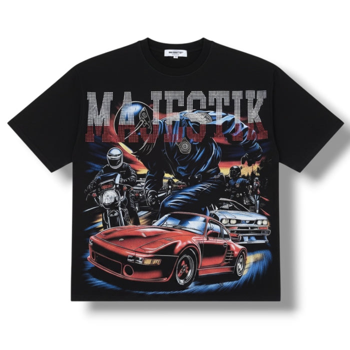 Black Majestik Speed Chase cropped T-shirt with bold graphic design, featuring a modern, stylish fit and brand logo detail.