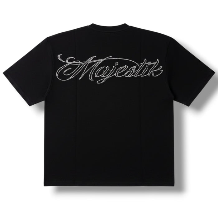Black Majestik Speed Chase cropped T-shirt, featuring bold graphic design and fitted style, perfect for casual wear.
