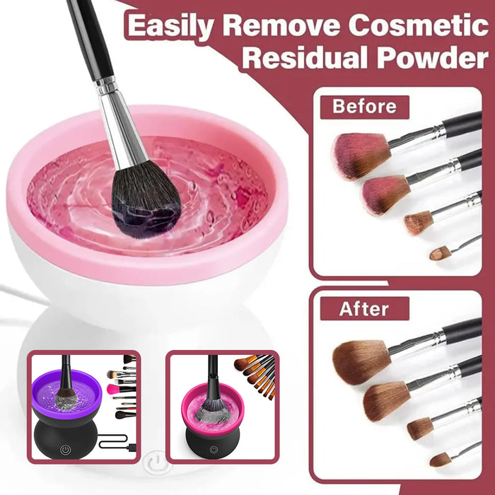 Makeup brush cleaning station with pink water and brushes, before and after cleaning images.
