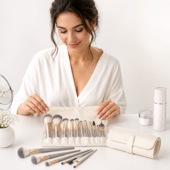 Logo-free makeup brush set with rice white brushes, champagne-color handles and selectable 12, 18 or 24-piece configurations.