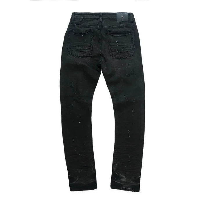 Makobi Avenida Grease denim jeans in jet black, showing slim fit style with classic five-pocket design and branded details.