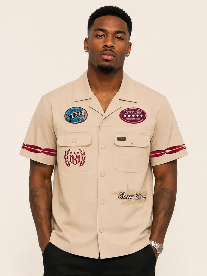 Makobi Elite Club khaki button-down shirt, men's casual button-up with collar, long sleeves, and front buttons.
