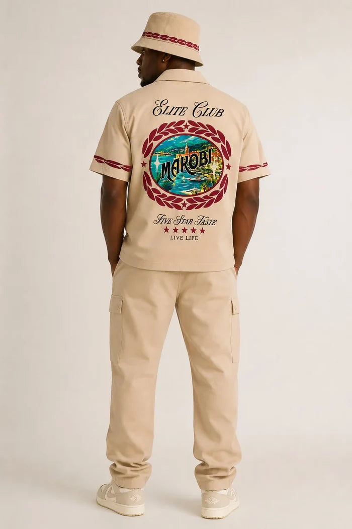 Makobi Elite Club stacked twill pants in khaki, casual men's stacked pants with a relaxed fit and stylish design.