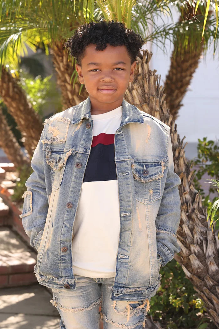 Makobi Kids Bergamo denim jacket for kids in dirt wash, stylish casual kids' denim jacket with front pockets
