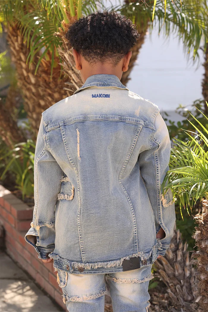 Makobi Kids Bergamo denim jacket for kids in dirt wash with classic collar and button front, casual and stylish.