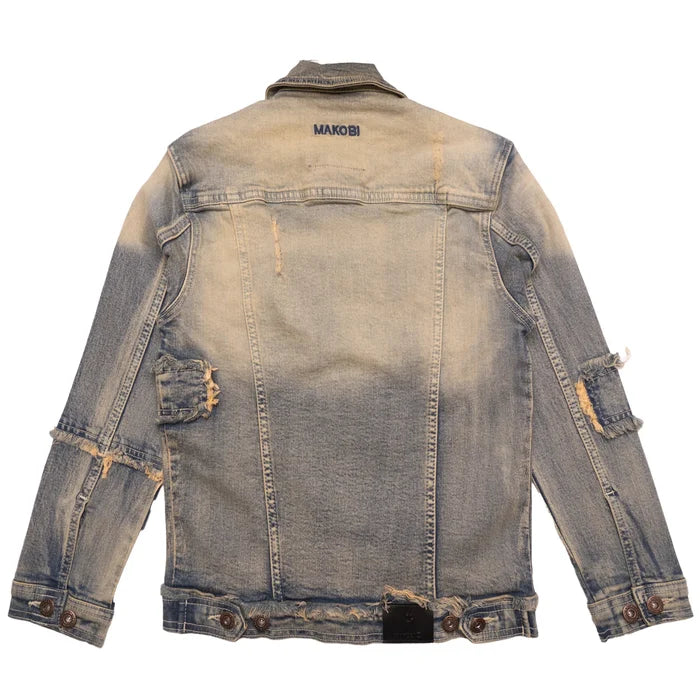 Makobi Kids Bergamo denim jacket for kids in dirt wash style, featuring classic blue denim and button closure.