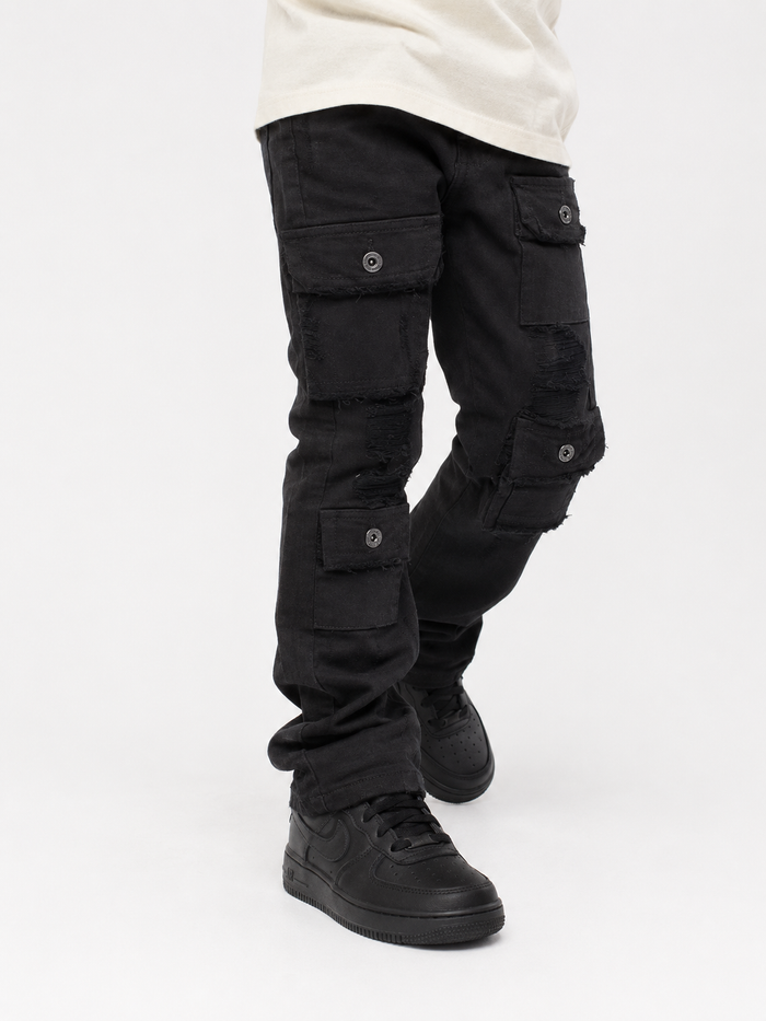 Makobi Kids Cesare stacked black denim jeans for kids, showing the stylish dark denim with layered design and comfortable fit.