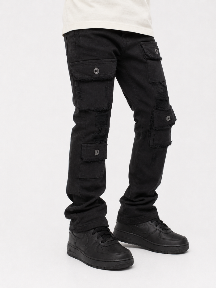 Makobi Kids Cesare stacked black denim jeans for kids, showcasing a stylish black denim design with a stacked fit.