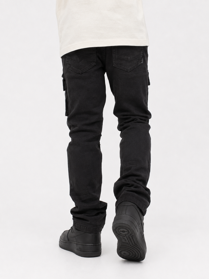 Makobi Kids Cesare stacked black denim jeans for kids, showing the stylish dark wash and stacked design details.
