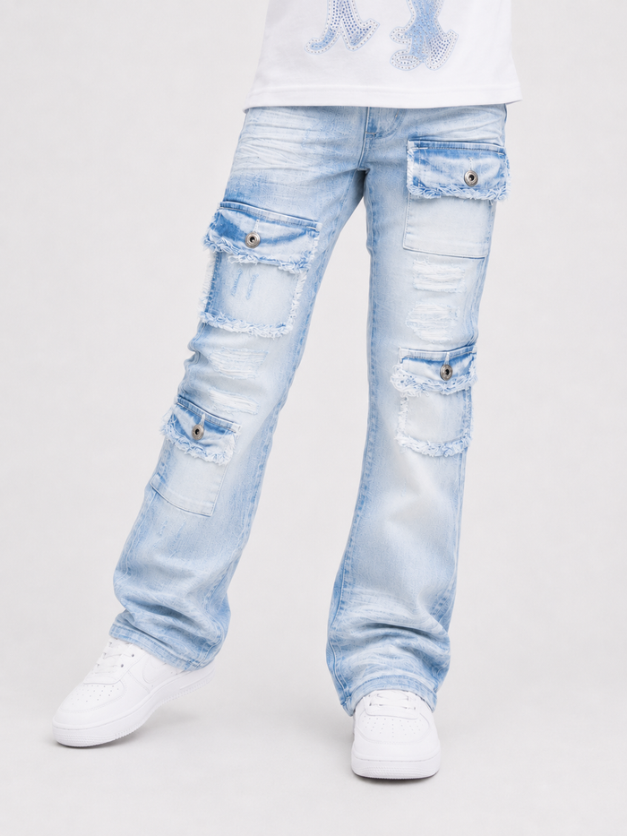 Makobi Kids Cesare stacked denim jeans in light wash, kids' denim pants with a stylish, layered design and comfortable fit.