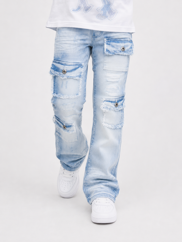 Makobi Kids Cesare stacked denim jeans for kids in light wash with a stylish, casual fit and classic denim detailing.