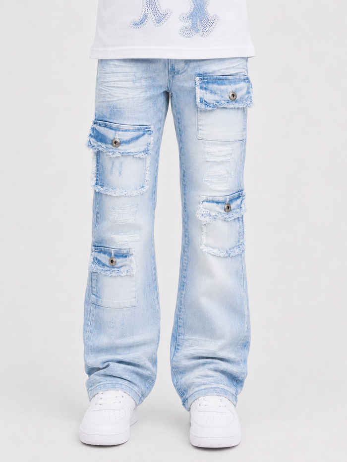 Makobi Kids Cesare stacked denim jeans for kids in light wash with a stylish, casual fit and classic denim features.