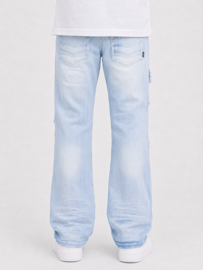 Makobi Kids Cesare stacked denim jeans in light wash for kids, showcasing the stylish, layered denim design.