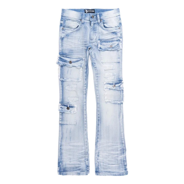 Makobi Kids Cesare stacked denim jeans in light wash, kids' denim pants with a stylish, casual fit and classic design.