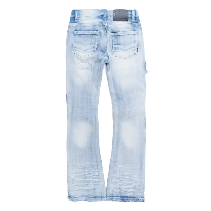 Makobi Kids Cesare stacked denim jeans in light wash for kids, featuring a stylish, casual denim design with a comfortable fit.