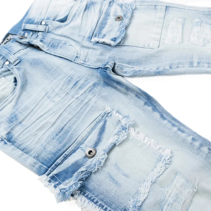 Makobi Kids Cesare stacked denim jeans for kids in light wash with a relaxed fit, displayed on a neutral background.